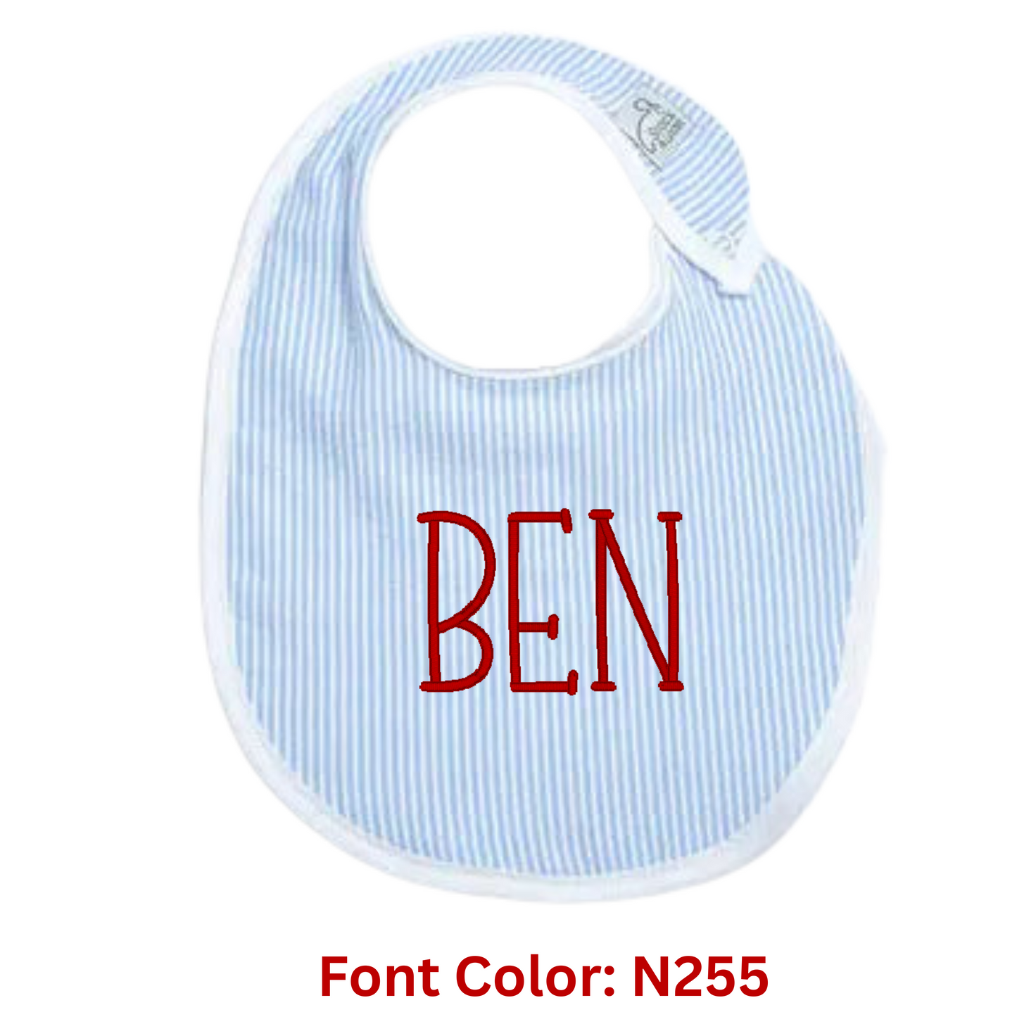 Personalized Seersucker Baby Bib – Embroidered Name Bib in Blue, Pink, or Green