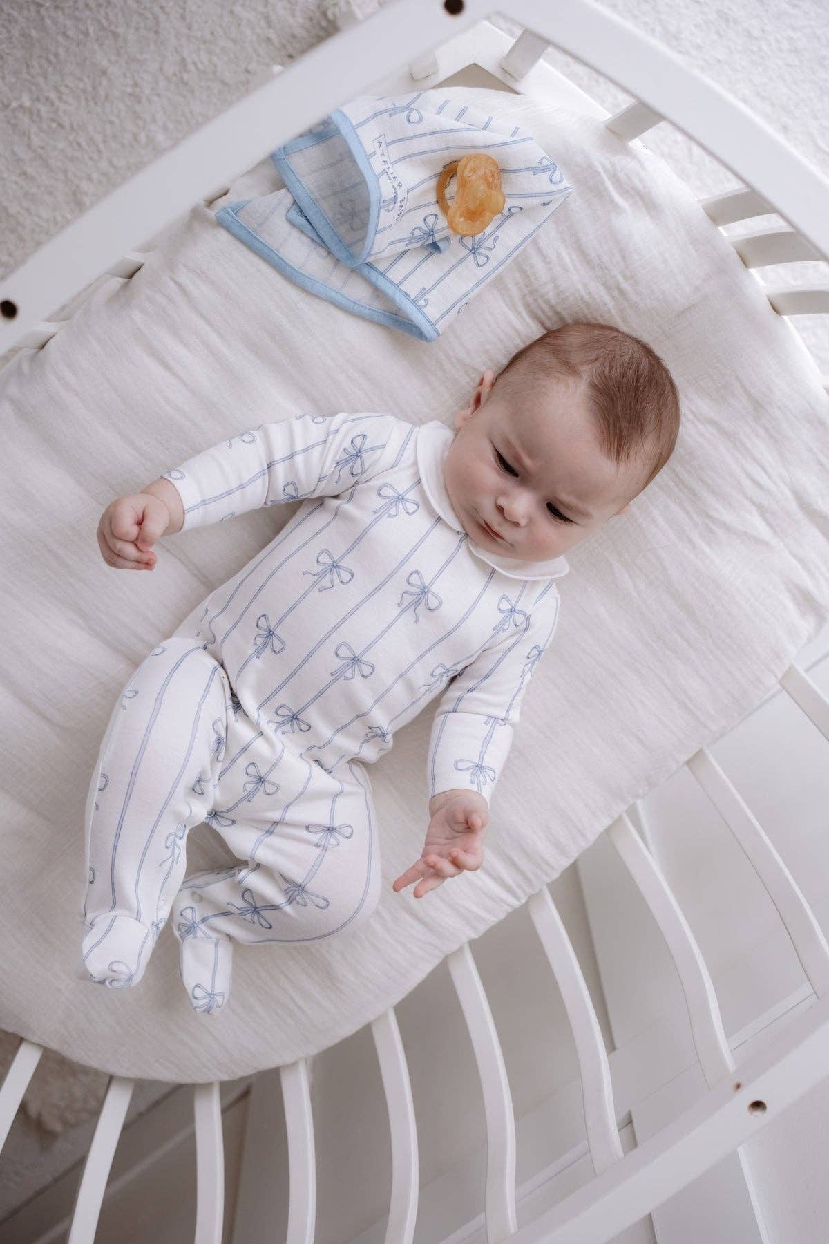 Blue Peter Pan Collar Bow Newborn Footed Onesie | Free Shipping