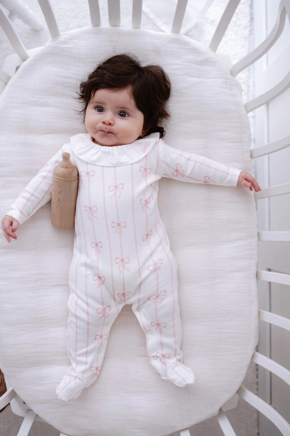 Pink Ruffle Collar Bow Footed Onesie | Free Shipping