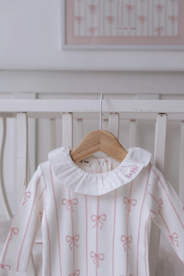Pink Ruffle Collar Bow Footed Onesie | Free Shipping