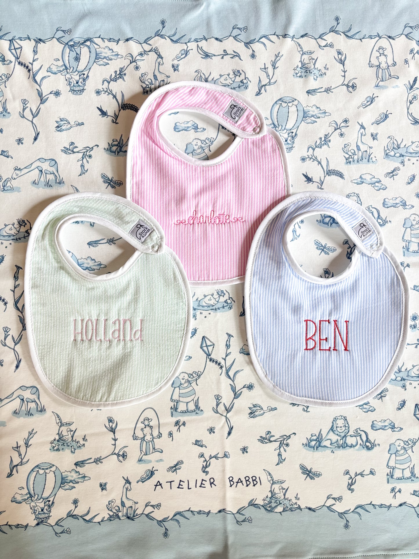 Personalized Seersucker Baby Bib – Embroidered Name Bib in Blue, Pink, or Green