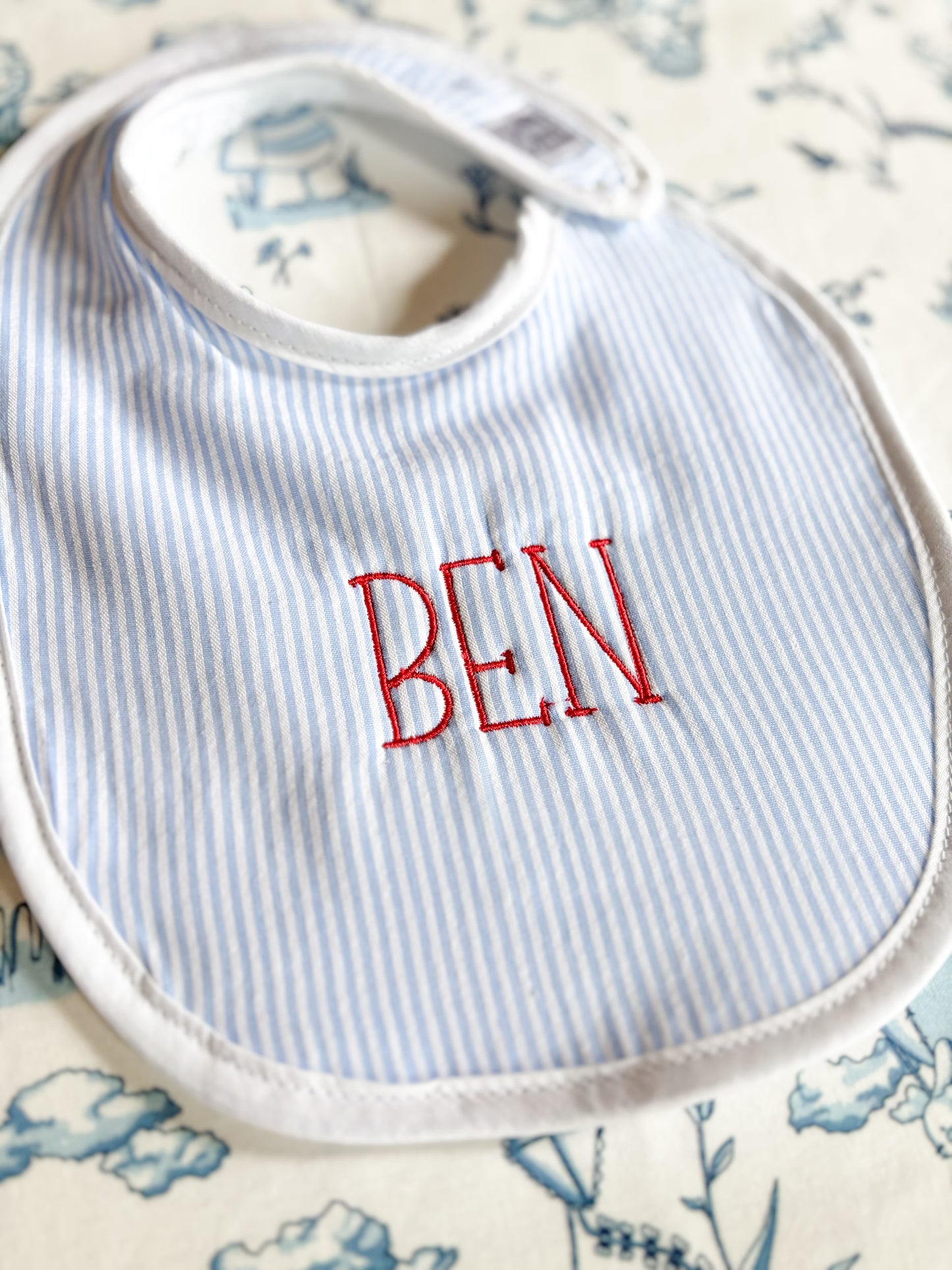 Personalized Seersucker Baby Bib – Embroidered Name Bib in Blue, Pink, or Green