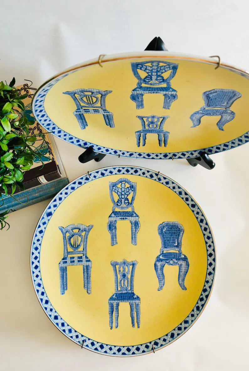 Set of Yellow Decorative Plates with Blue Chairs