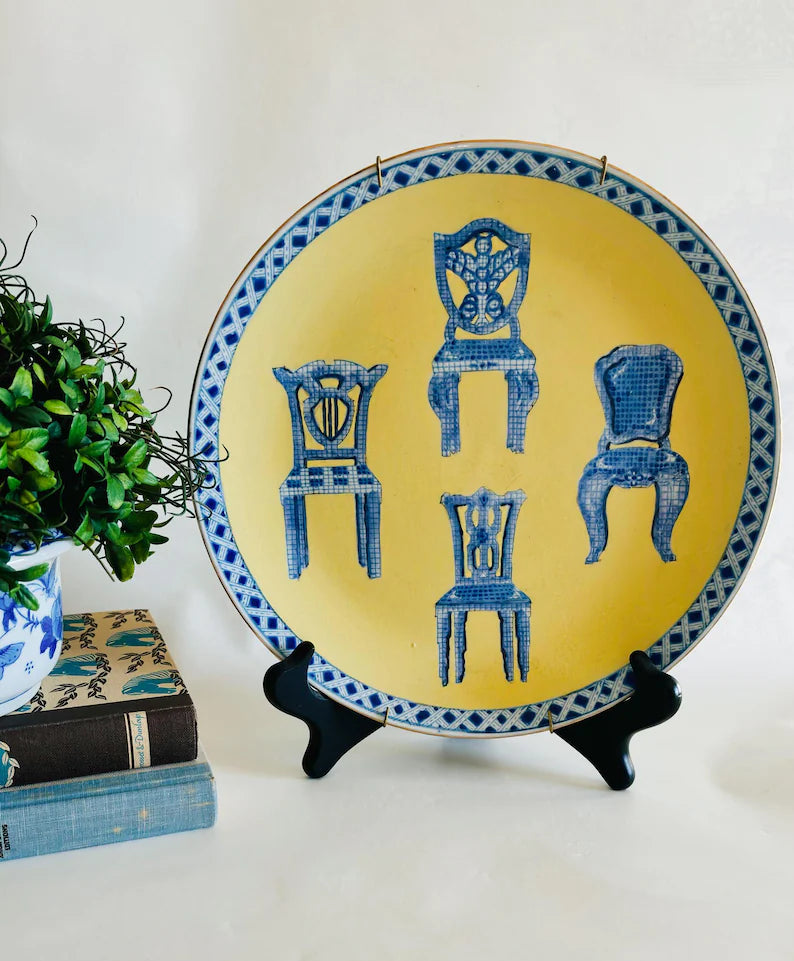 Set of Yellow Decorative Plates with Blue Chairs