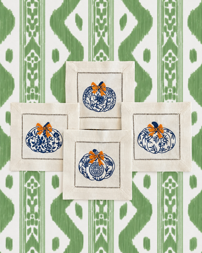 Embroidered Chinoiserie Pumpkin Cocktail Napkins - set of 4