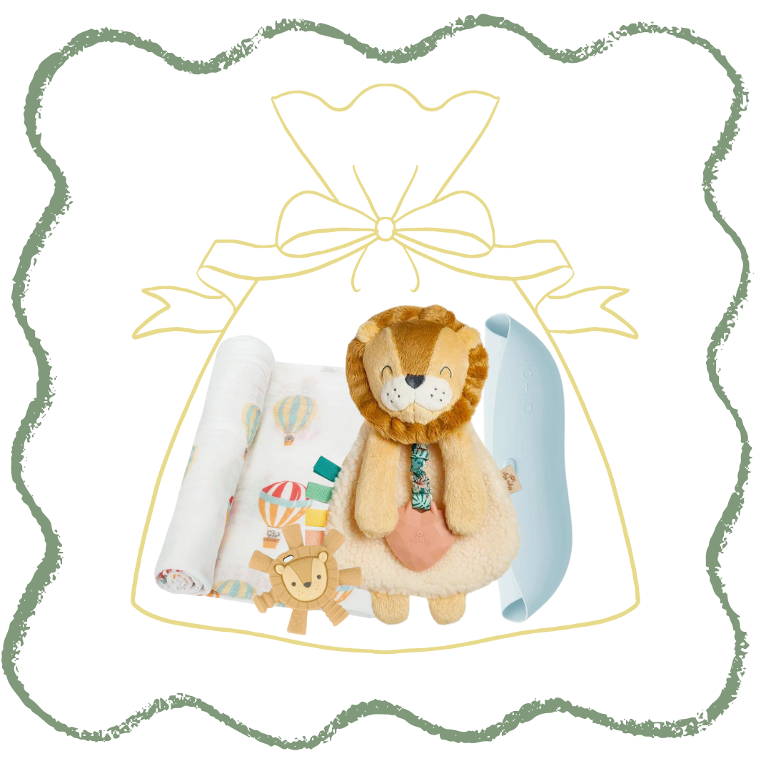 Little Boy Blue Baby Gift Set: Waterproof Silicone Bib, Hot Air Balloon Swaddle Blanket, Lion Lovey Toy & Teether - Perfect for New Parents