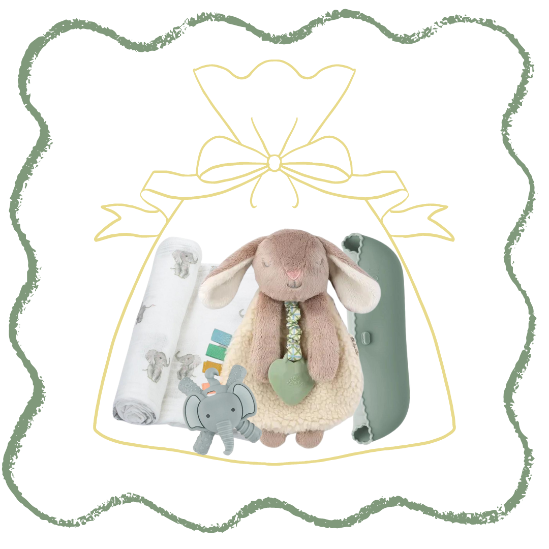 Gender Neutral Green Baby Gift Set: Waterproof Silicone Bib, Elephant Swaddle Blanket, bunny Lovey Toy & Elephant Teether - New Parents