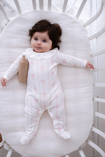 Pink Ruffle Collar Bow Footed Onesie | Free Shipping