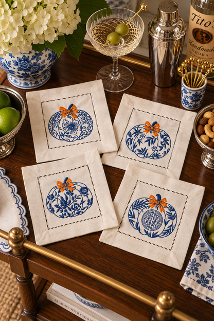 Embroidered Chinoiserie Pumpkin Cocktail Napkins - set of 4