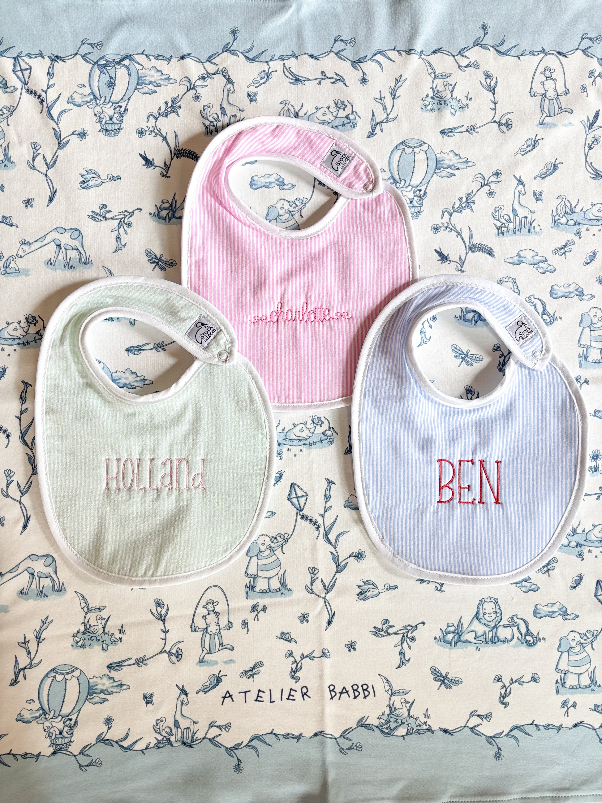 Personalized Seersucker Baby Bib – Embroidered Name Bib in Blue, Pink, or Green