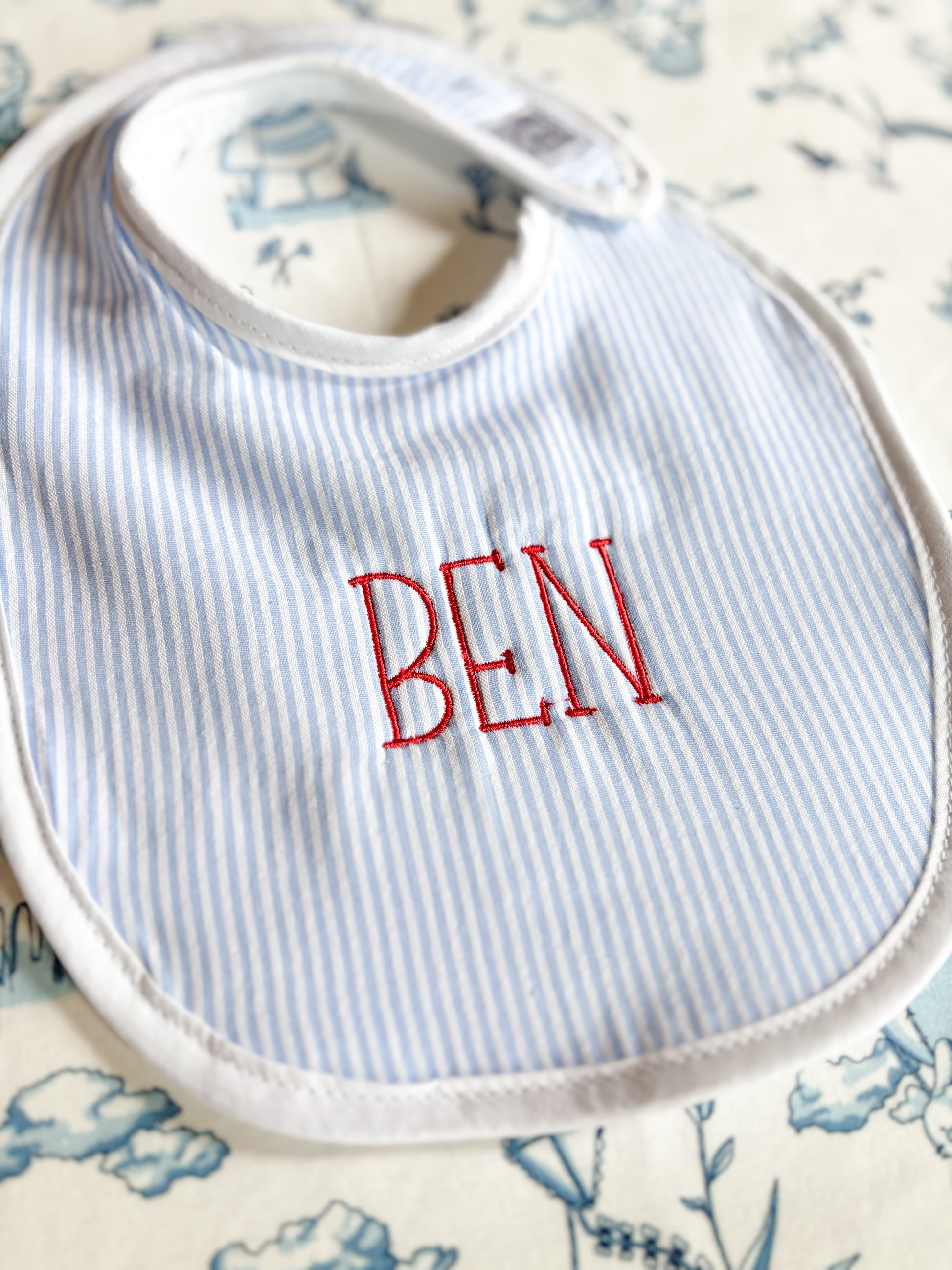 Personalized Seersucker Baby Bib – Embroidered Name Bib in Blue, Pink, or Green