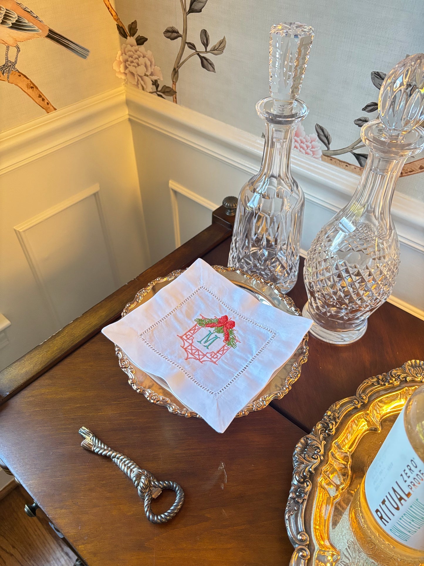 Embroidered Christmas Cocktail Napkins chinoiserie wreath