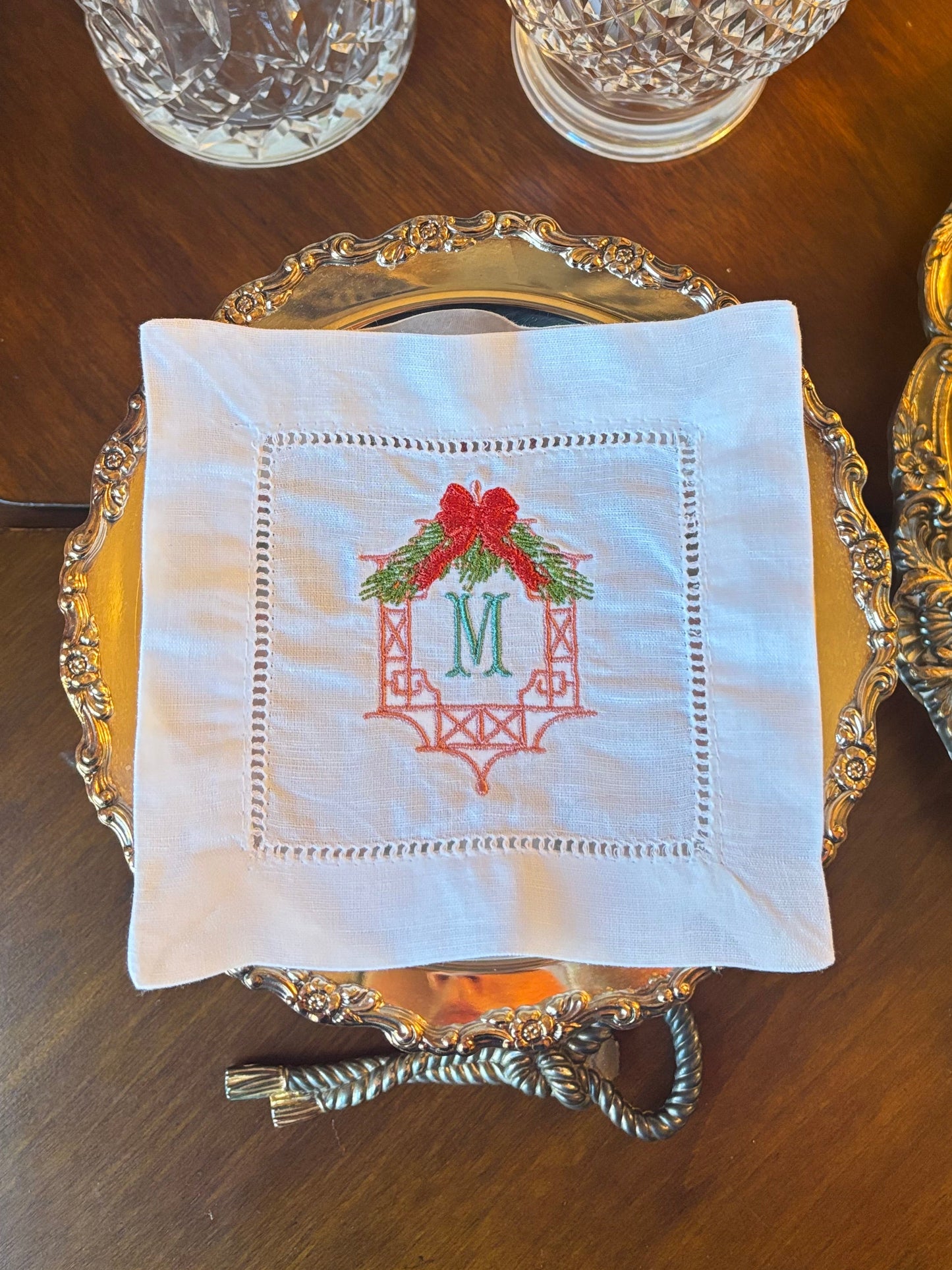 Embroidered Christmas Cocktail Napkins chinoiserie wreath
