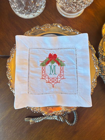 Embroidered Christmas Cocktail Napkins chinoiserie wreath