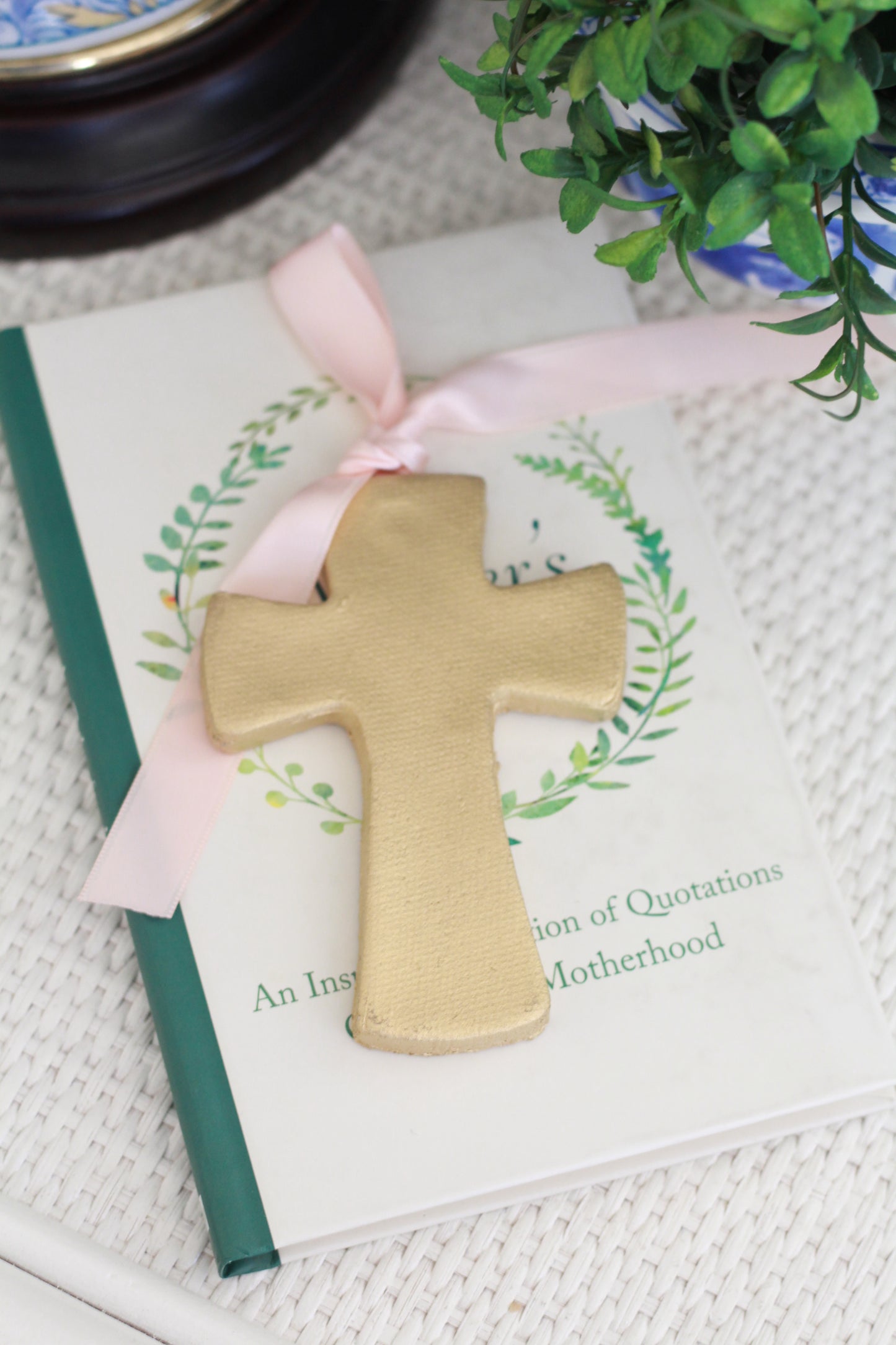 Decorative Gold Cross Ornaments | Light Pink Ribbon Details