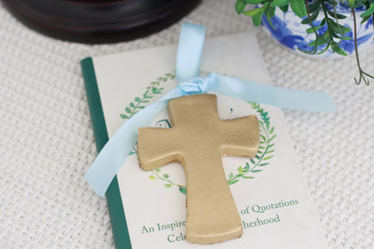 Decorative Gold Cross Ornaments | Light blue Ribbon