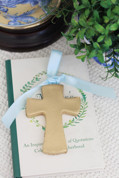 Decorative Gold Cross Ornaments | Light blue Ribbon