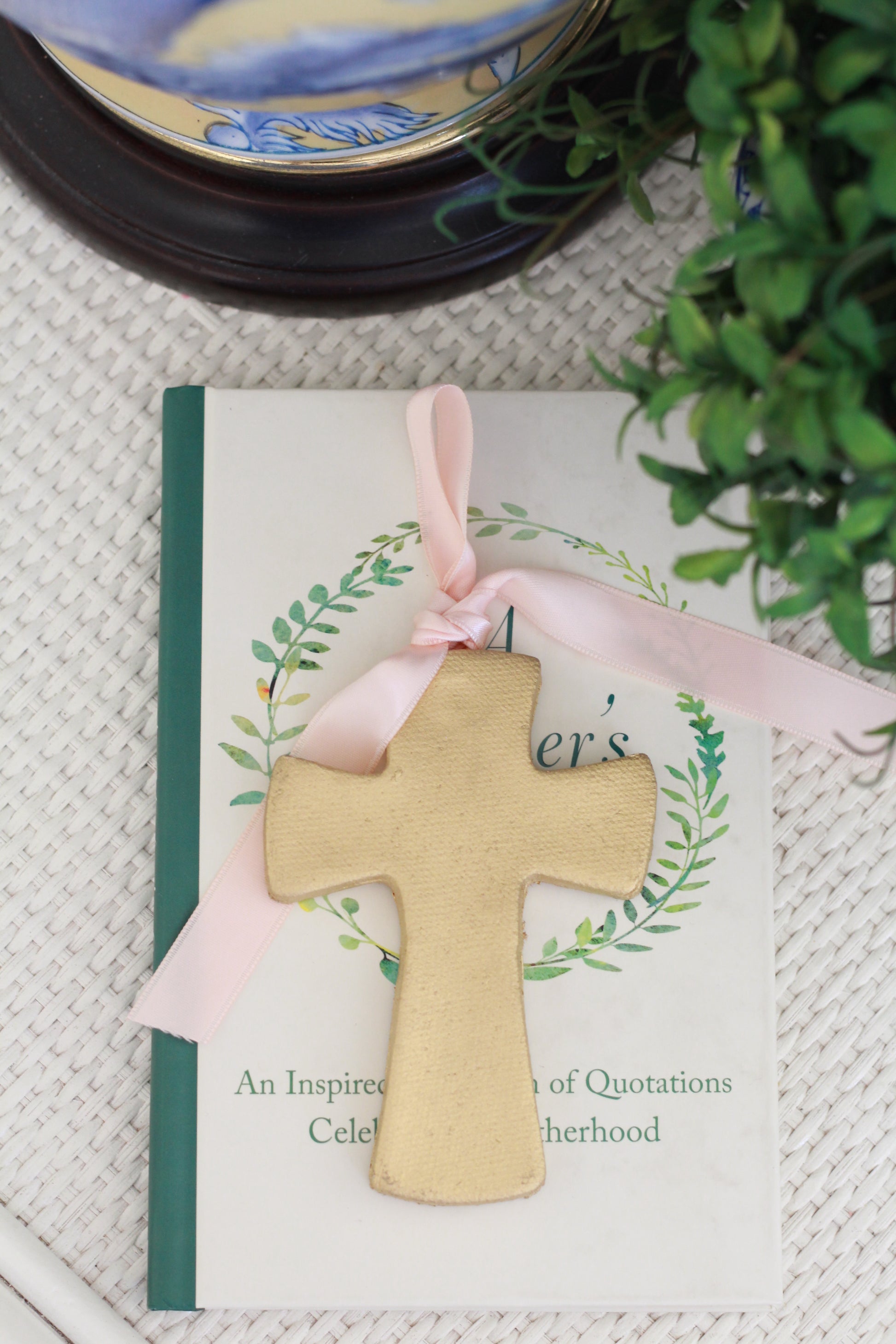 Decorative Gold Cross Ornaments | Light Pink Ribbon Details