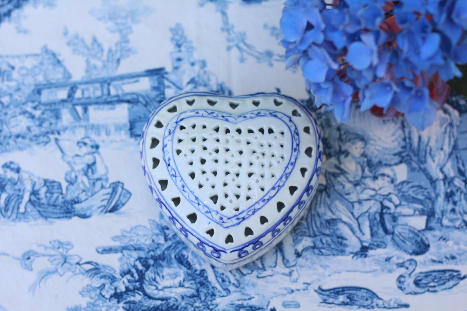 Vintage Blue & White Heart Shaped Trinket Dish w/ Lid - heart-shaped Lattice Design - Quince & Wells