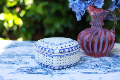 Vintage Blue & White Heart Shaped Trinket Dish w/ Lid - heart-shaped Lattice Design - Quince & Wells