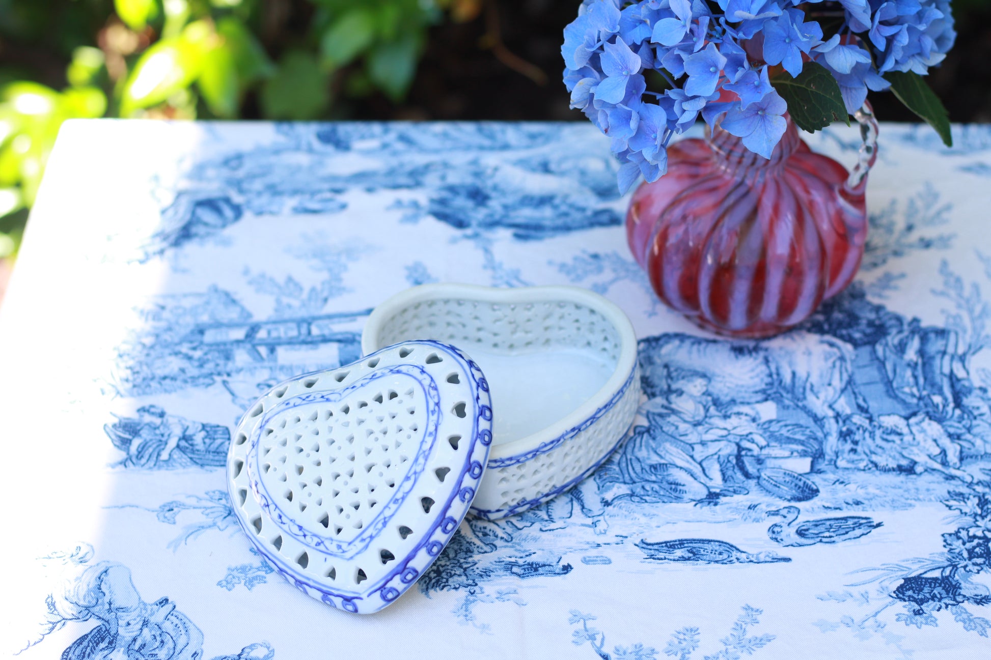 Vintage Blue & White Heart Shaped Trinket Dish w/ Lid - heart-shaped Lattice Design - Quince & Wells