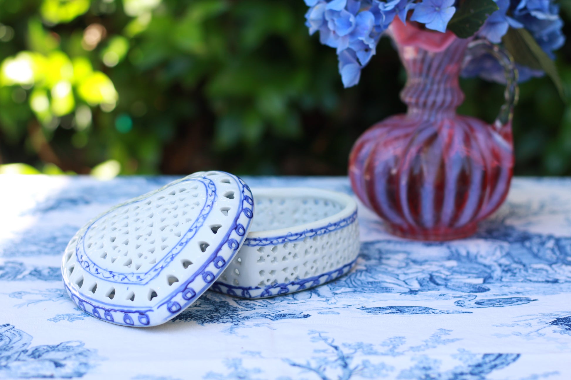 Vintage Blue & White Heart Shaped Trinket Dish w/ Lid - heart-shaped Lattice Design - Quince & Wells