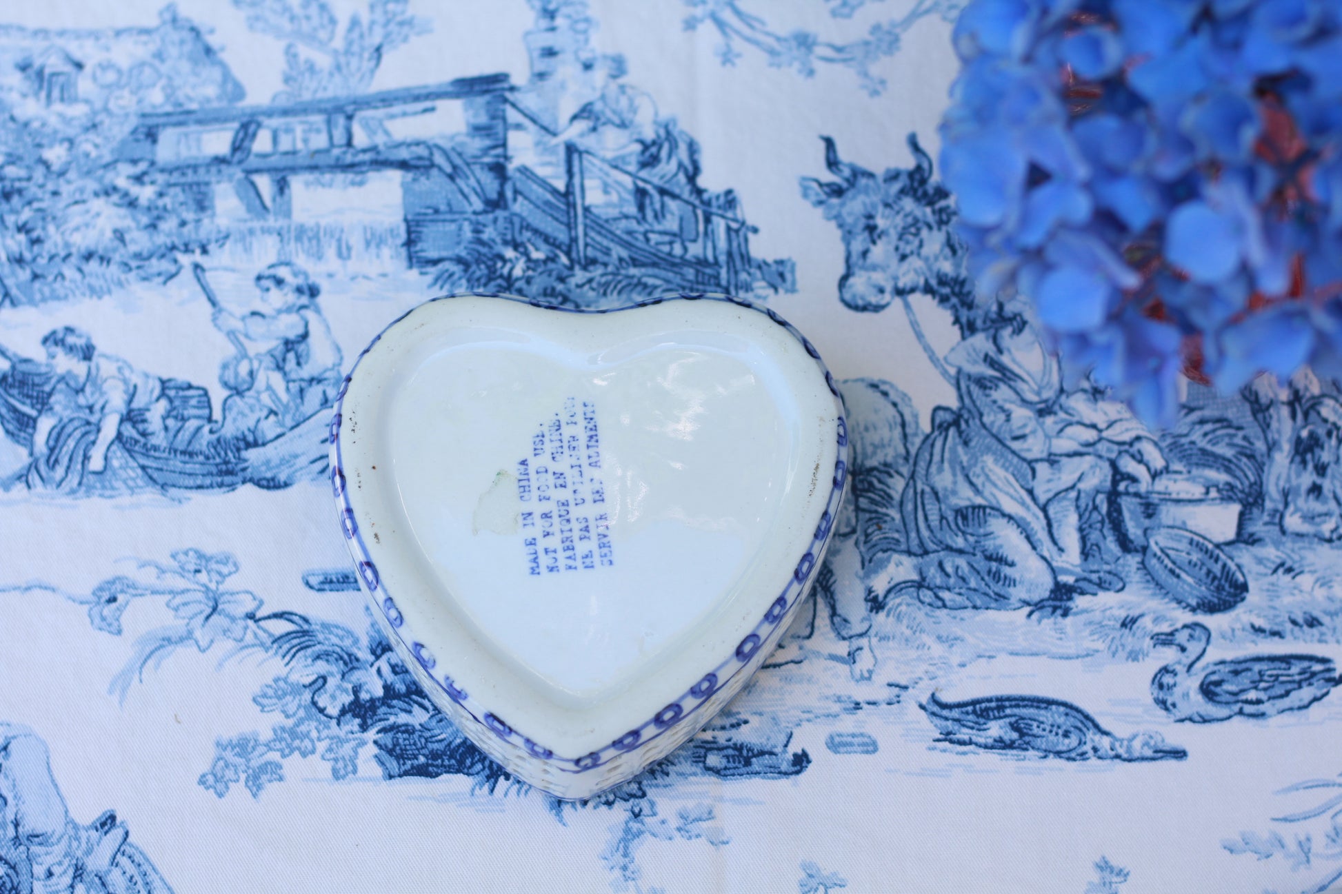 Vintage Blue & White Heart Shaped Trinket Dish w/ Lid - heart-shaped Lattice Design - Quince & Wells