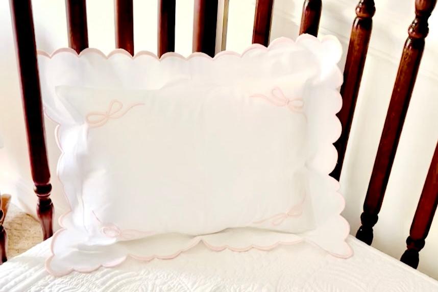 Little Girl Scalloped Bow Pillow - Pink Embroidery, Nursery Decor, Monogrammed Baby Pillow, Playroom Pillow, Child's Bedroom Decor