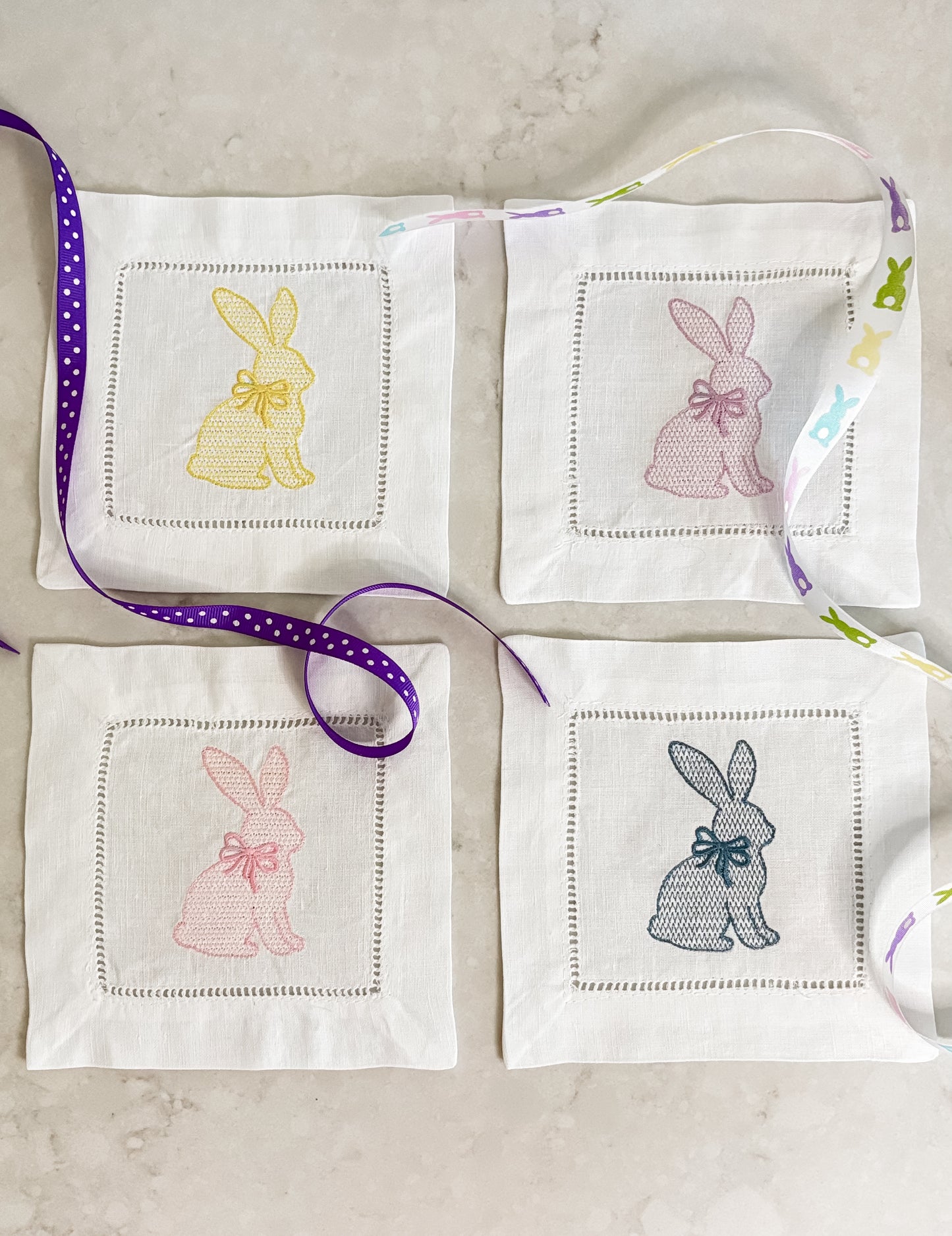 Easter Bunny Cocktail Napkins Set of 4 | Embroidered Linen Spring Napkins | Pastel Bunny Hostess Gift