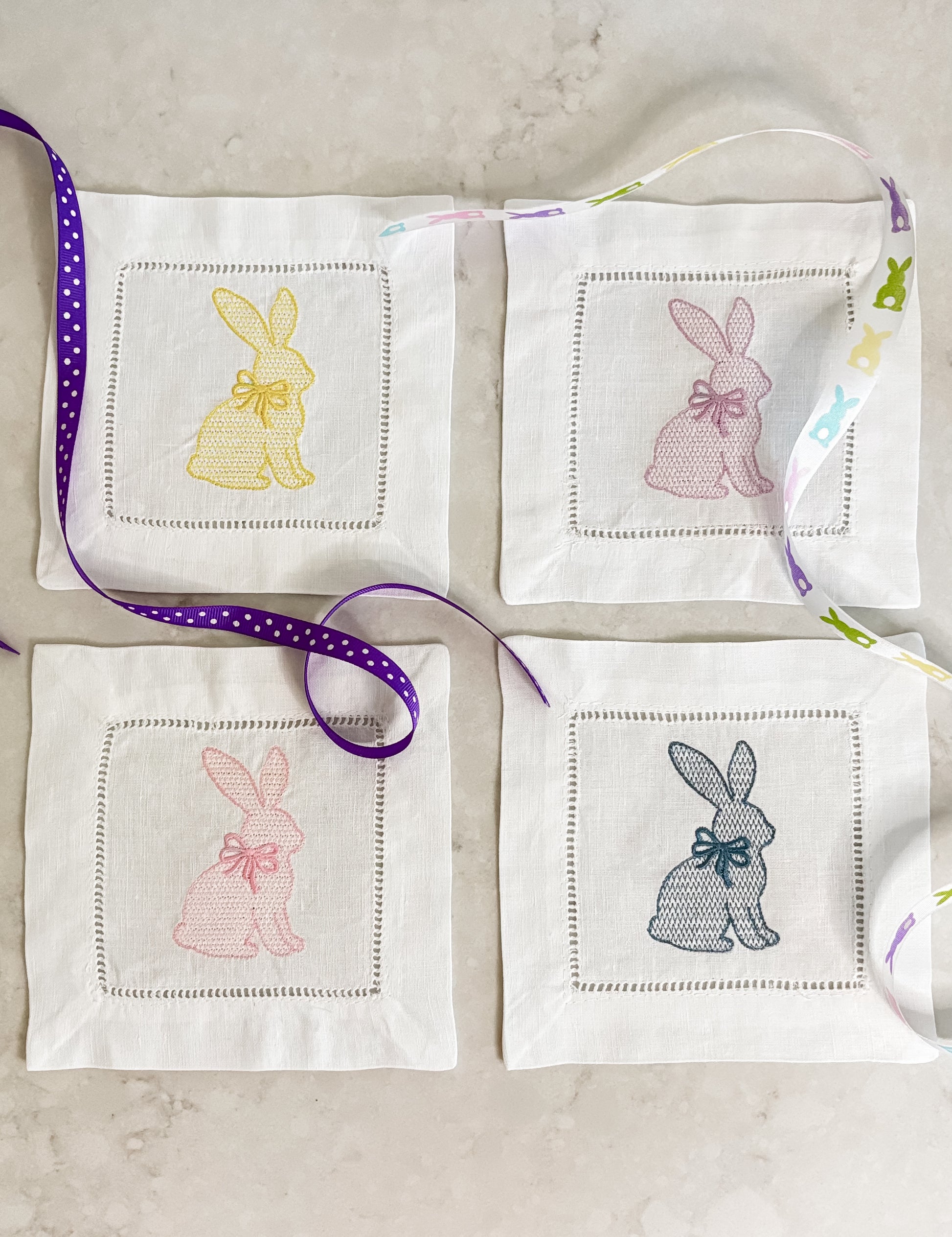 Easter Bunny Cocktail Napkins Set of 4 | Embroidered Linen Spring Napkins | Pastel Bunny Hostess Gift