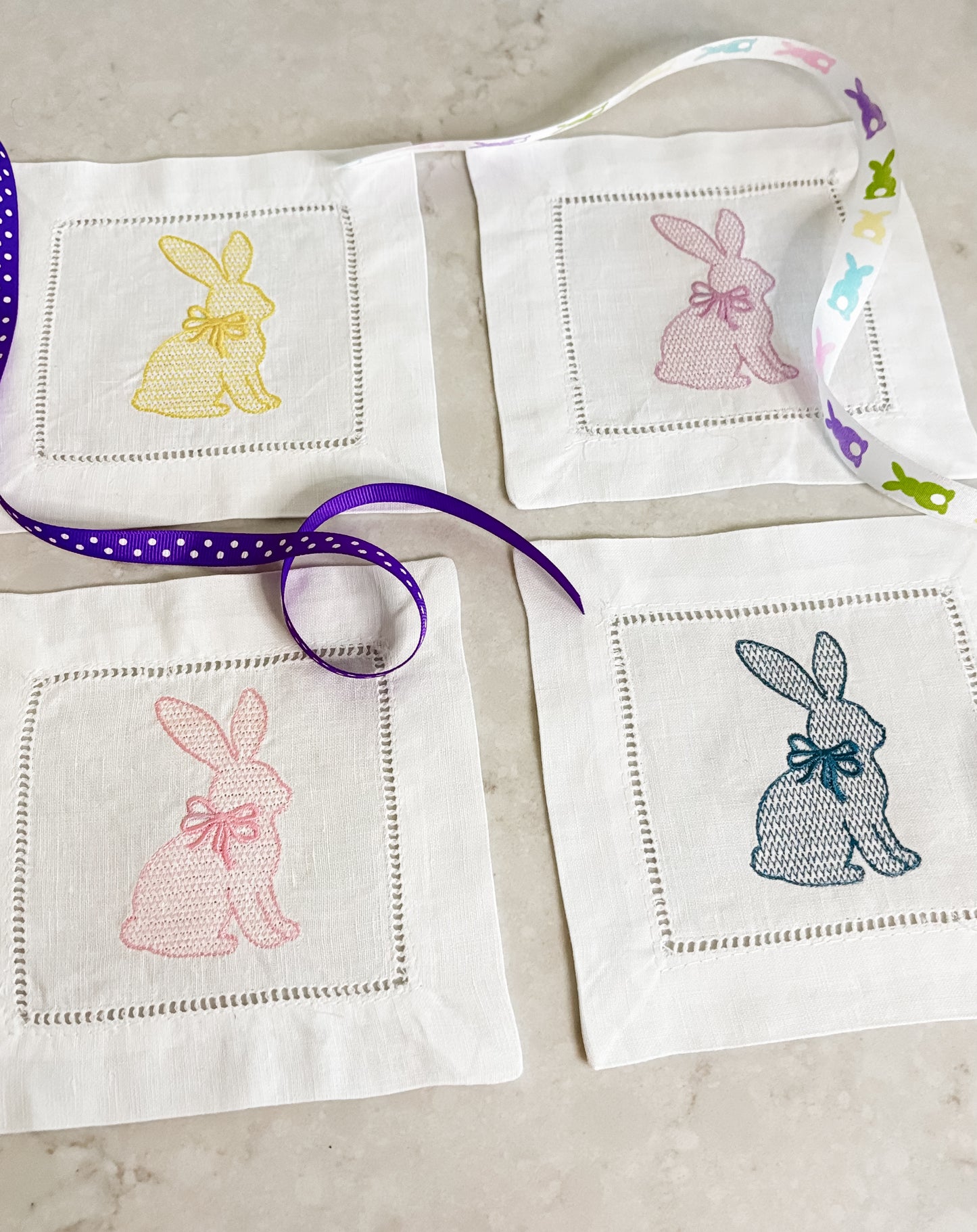 Easter Bunny Cocktail Napkins Set of 4 | Embroidered Linen Spring Napkins | Pastel Bunny Hostess Gift