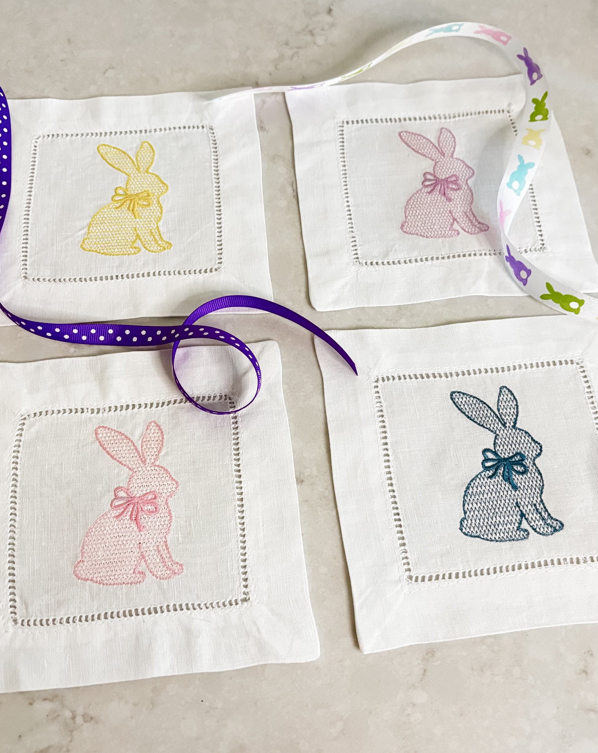 Easter Bunny Cocktail Napkins Set of 4 | Embroidered Linen Spring Napkins | Pastel Bunny Hostess Gift