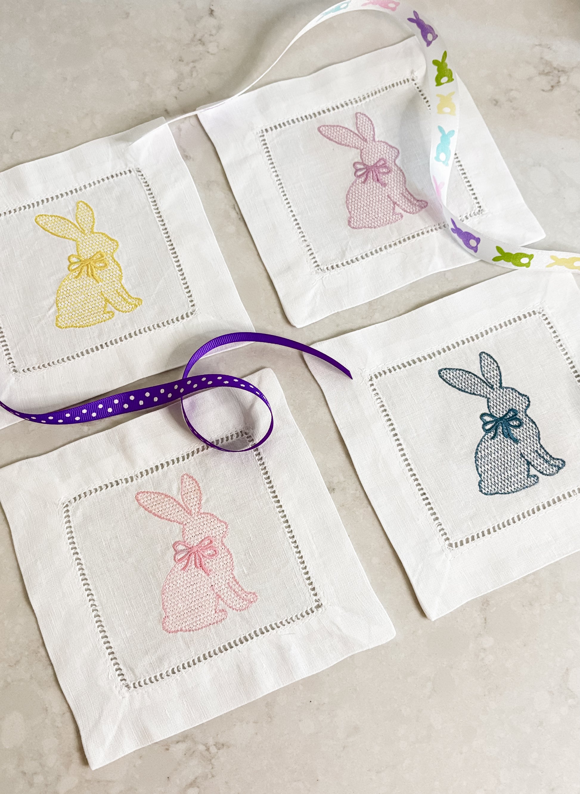 Easter Bunny Cocktail Napkins Set of 4 | Embroidered Linen Spring Napkins | Pastel Bunny Hostess Gift