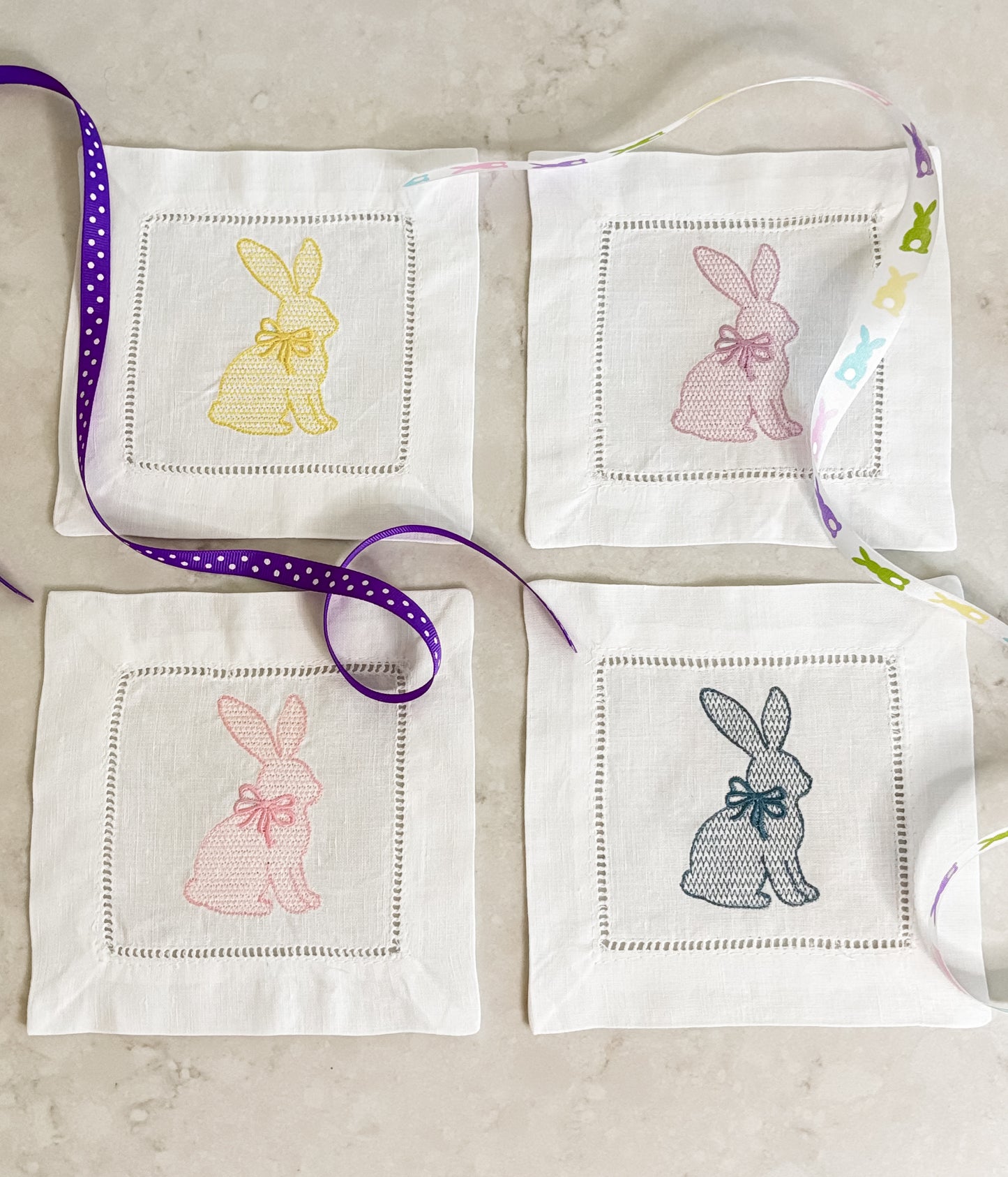 Easter Bunny Cocktail Napkins Set of 4 | Embroidered Linen Spring Napkins | Pastel Bunny Hostess Gift
