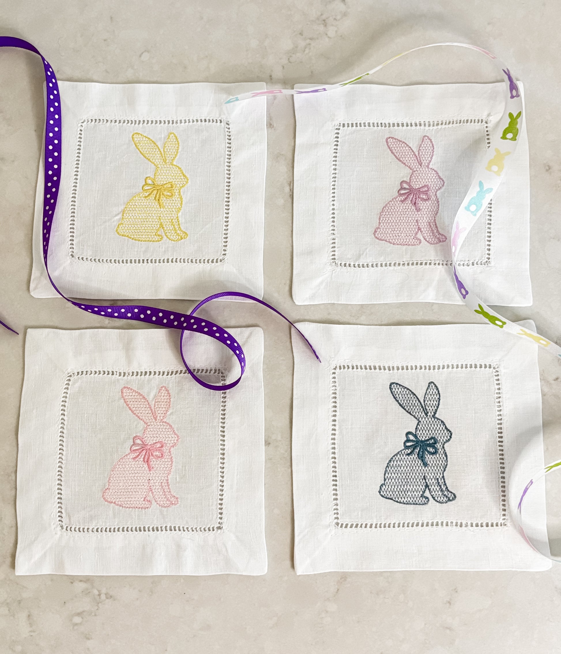 Easter Bunny Cocktail Napkins Set of 4 | Embroidered Linen Spring Napkins | Pastel Bunny Hostess Gift