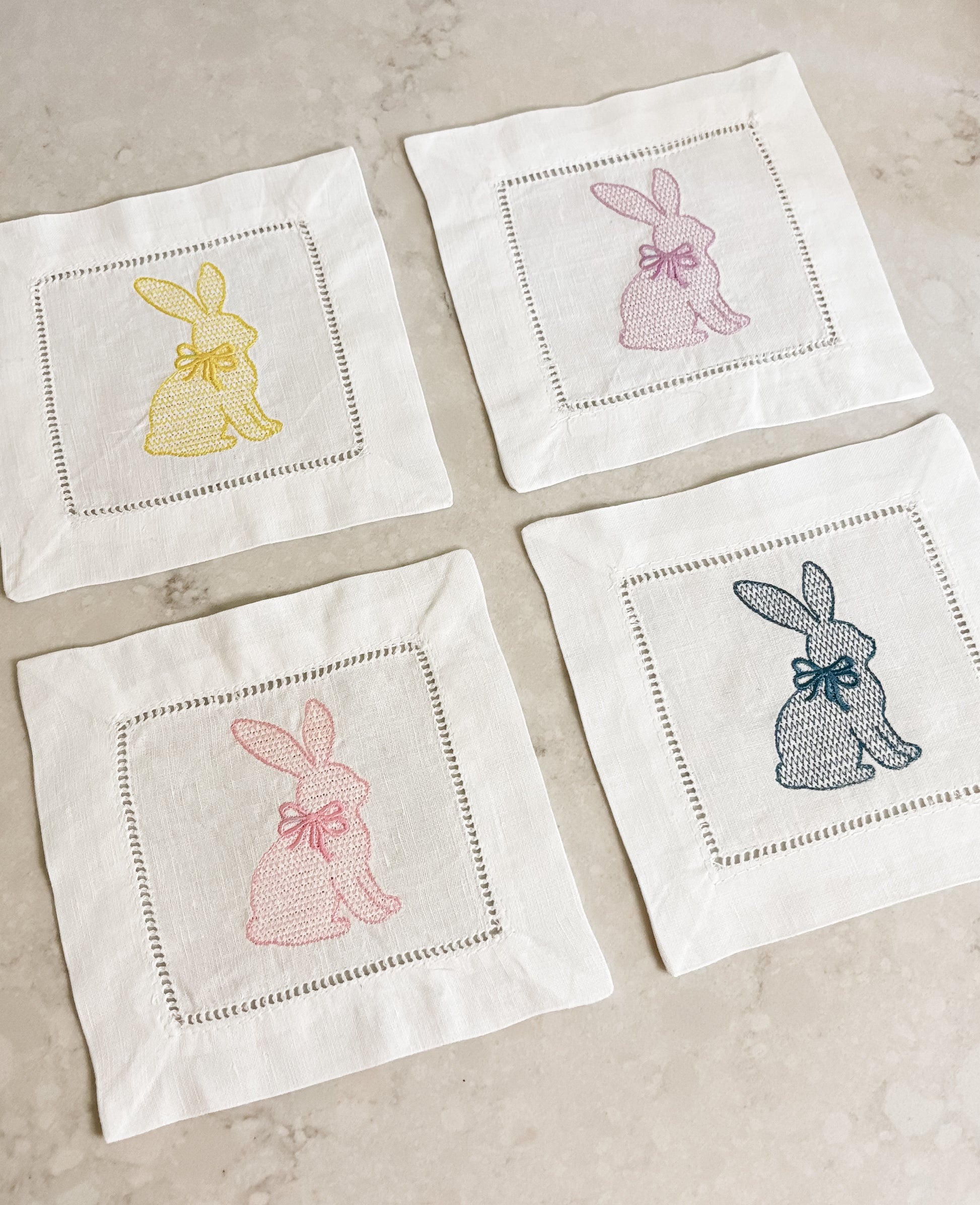 Easter Bunny Cocktail Napkins Set of 4 | Embroidered Linen Spring Napkins | Pastel Bunny Hostess Gift