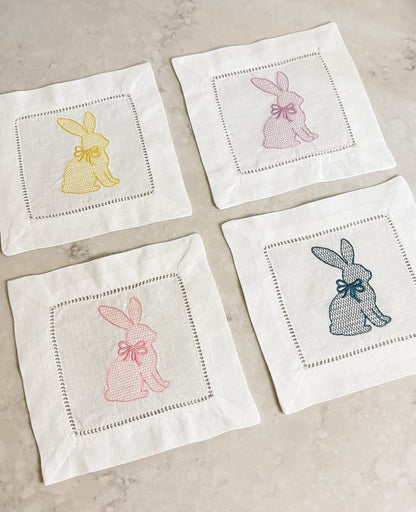 Easter Bunny Cocktail Napkins Set of 4 | Embroidered Linen Spring Napkins | Pastel Bunny Hostess Gift