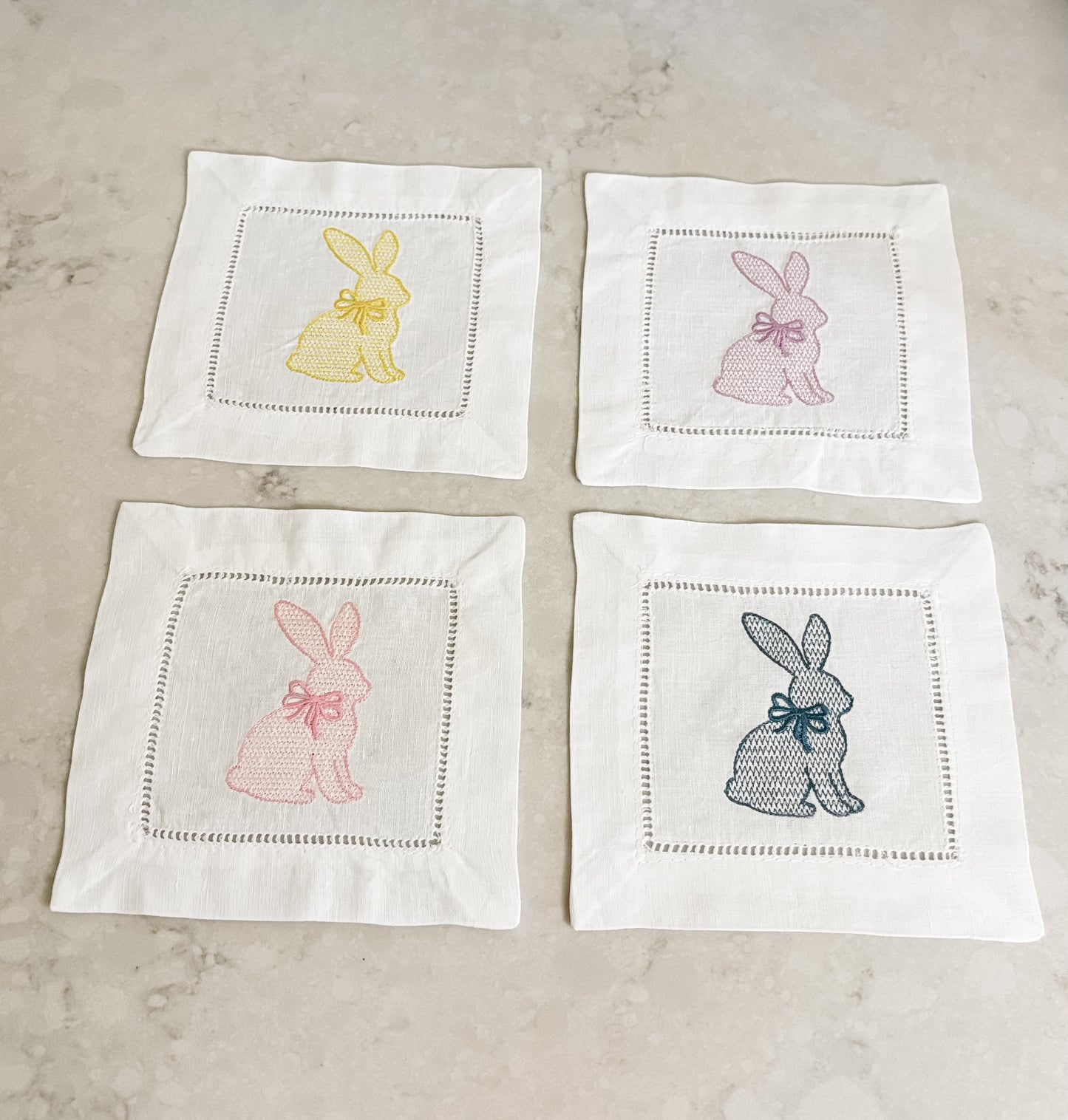 Easter Bunny Cocktail Napkins Set of 4 | Embroidered Linen Spring Napkins | Pastel Bunny Hostess Gift