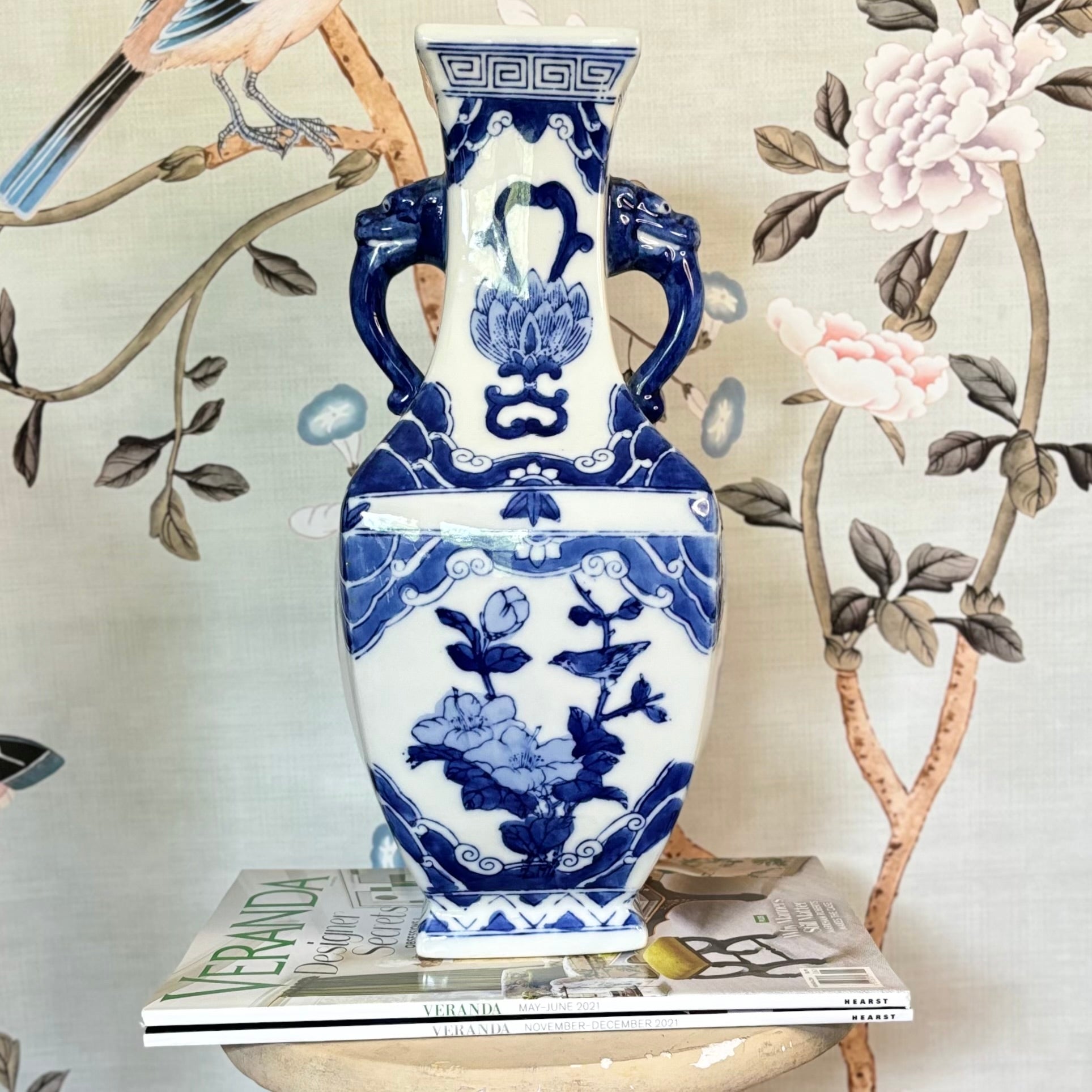 Blue & White Vase w/ Lion Handles, Chinoiserie - Free Shipping