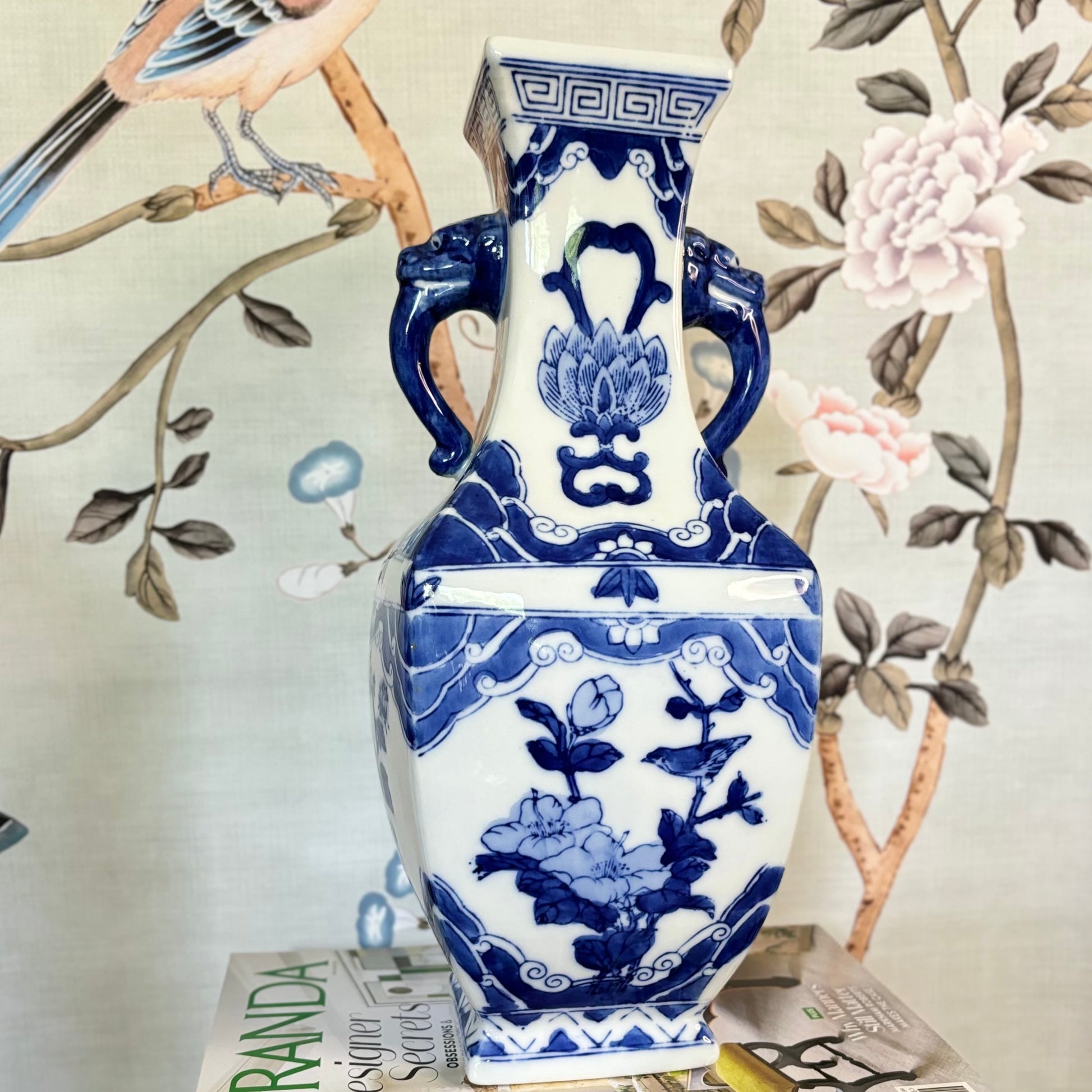 Blue & White Vase w/ Lion Handles, Chinoiserie - Free Shipping