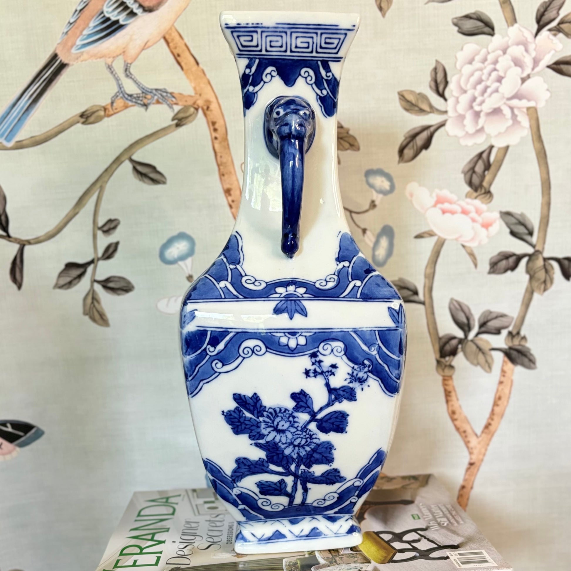 Blue & White Vase w/ Lion Handles, Chinoiserie - Free Shipping