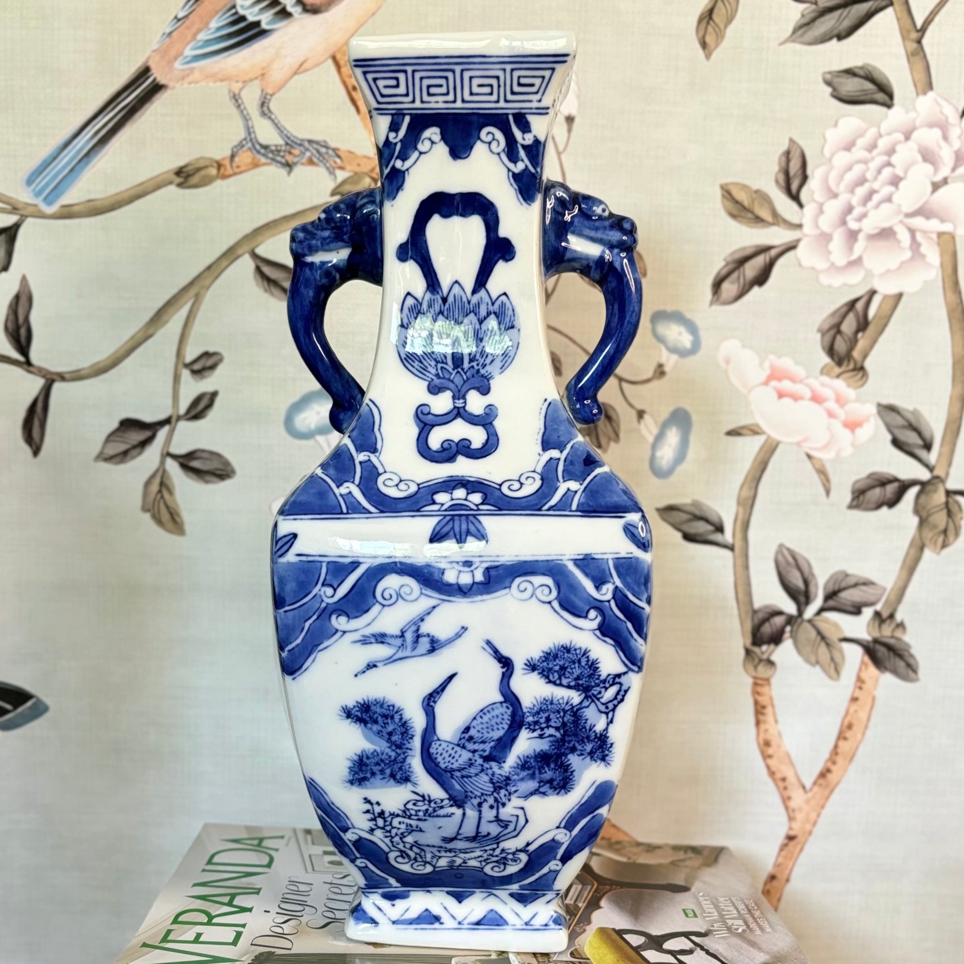 Blue & White Vase w/ Lion Handles, Chinoiserie - Free Shipping