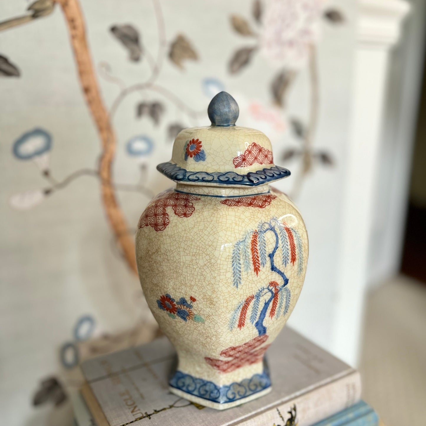 Chinoiserie Ginger Jar, Rust & Blue Floral with Weeping Willow Design, Temple Jar Home Decor - Unique Gift - Free Shipping - Andrea by Sadek