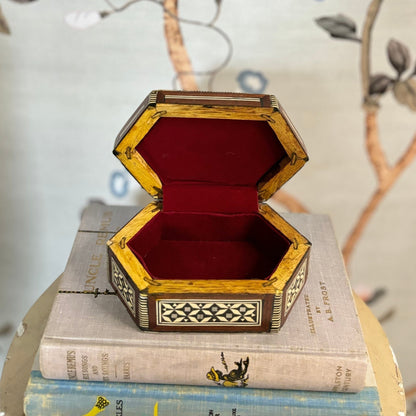 Hexagonal Wooden Box, Egyptian Inlaid with Mother of Pearl, Bone, Ebony Wood, Parquetry Inlay, Hinged Jewelry Trinket Box - Free Shipping!