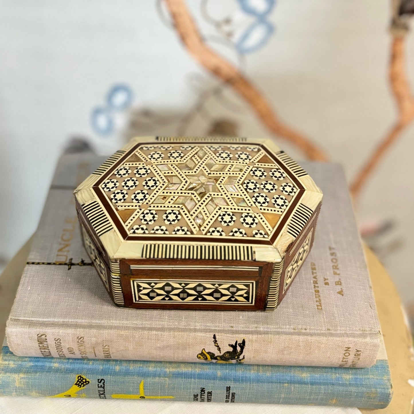 Hexagonal Wooden Box, Egyptian Inlaid with Mother of Pearl, Bone, Ebony Wood, Parquetry Inlay, Hinged Jewelry Trinket Box - Free Shipping!