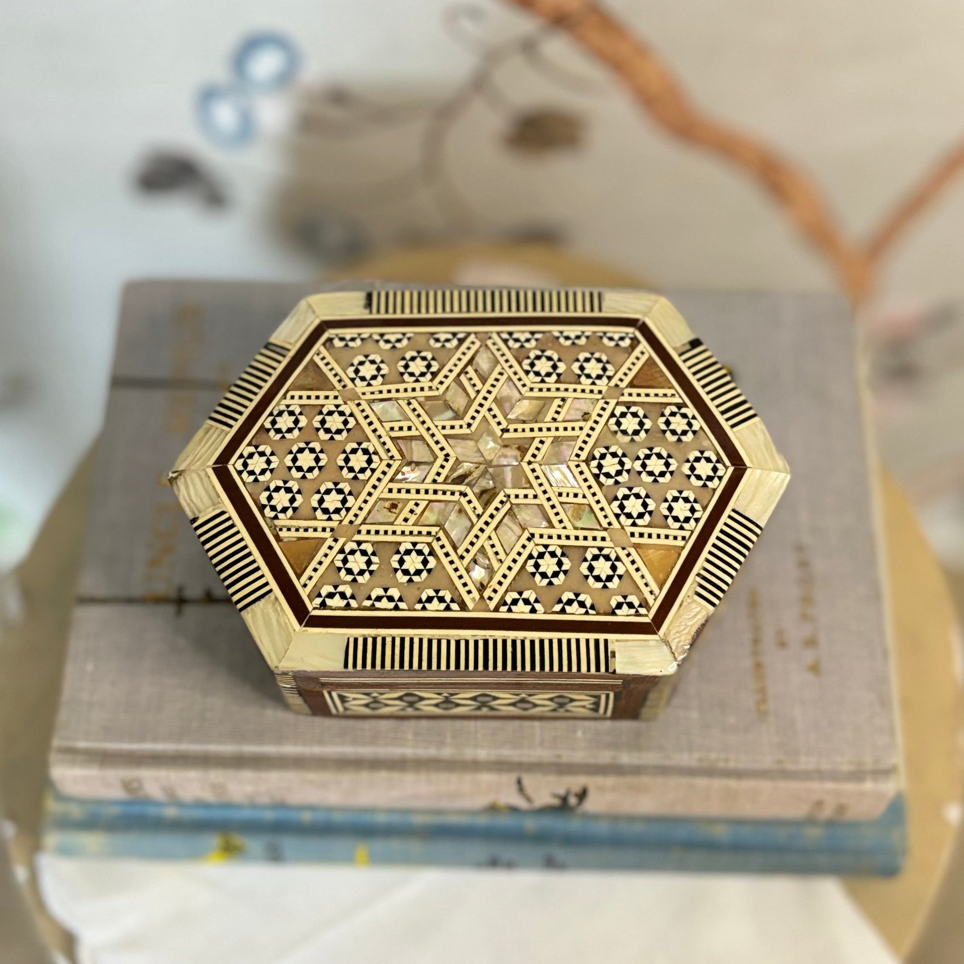 Hexagonal Wooden Box, Egyptian Inlaid with Mother of Pearl, Bone, Ebony Wood, Parquetry Inlay, Hinged Jewelry Trinket Box - Free Shipping!