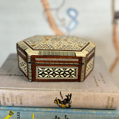 Hexagonal Wooden Box, Egyptian Inlaid with Mother of Pearl, Bone, Ebony Wood, Parquetry Inlay, Hinged Jewelry Trinket Box - Free Shipping!