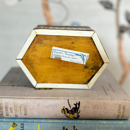 Hexagonal Wooden Box, Egyptian Inlaid with Mother of Pearl, Bone, Ebony Wood, Parquetry Inlay, Hinged Jewelry Trinket Box - Free Shipping!