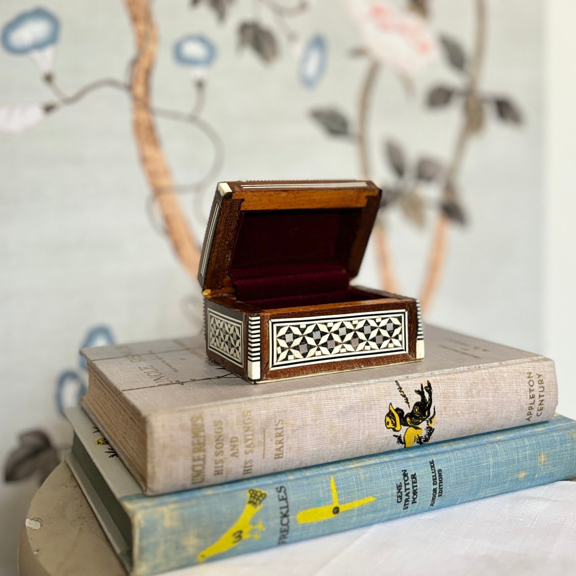 Rectangular Wooden Box, Egyptian Inlaid with Mother of Pearl, Bone, Ebony Wood, Parquetry Inlay, Hinged Jewelry Trinket Box - Free Shipping!