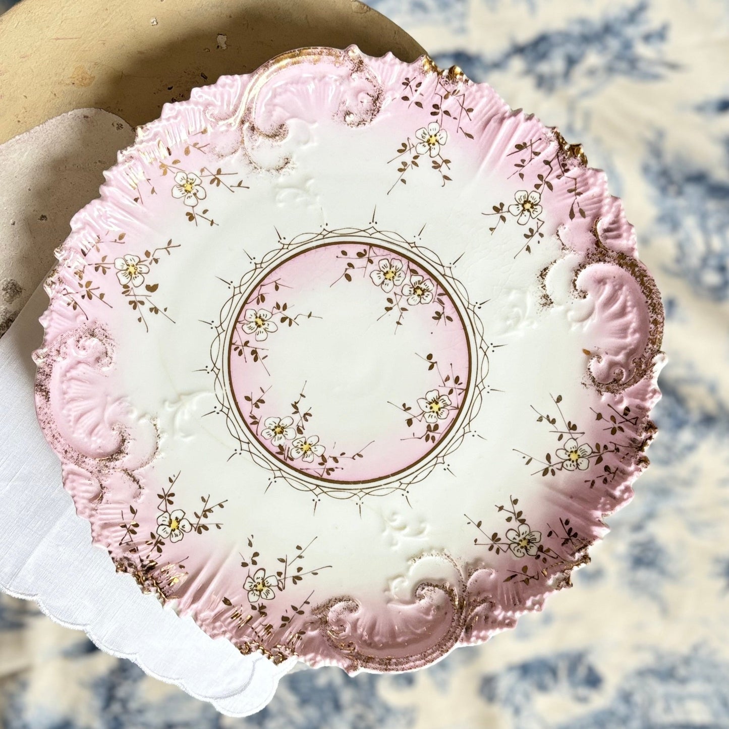 Pair Floral Porcelain Plates with Gold Encrusted Scalloped Rim, Decorative Gold Trim, Elegant Tableware - Special Occasions - Free Shipping!